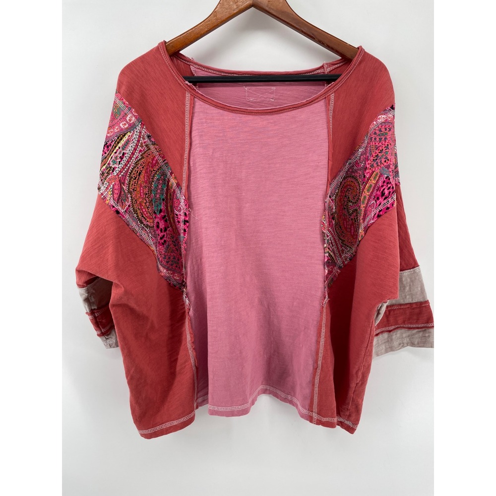 Boho Patchwork Top Womens Large Pink Red Gypsy Mixed Media Eclectic Slub Cotton